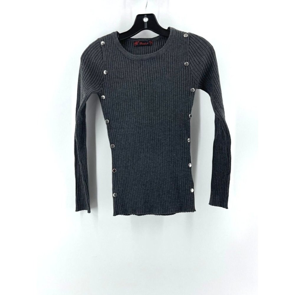 Bamboo Women's Dark Gray Ribbed Stretch Knit Long Sleeve Beaded Sweater Size S